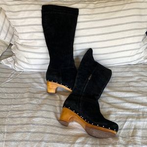 UGG Black Leather Boots, Rubber Grip Bottom, Just Below Knee Height